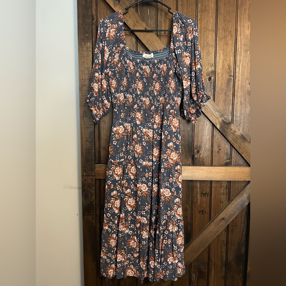 Pink Blush Long Sleeve Floral Dress in Blue and Orange